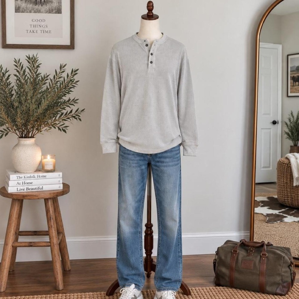 Saddlebred Comfort Flex Gray Waffle Knit Henley Size XL